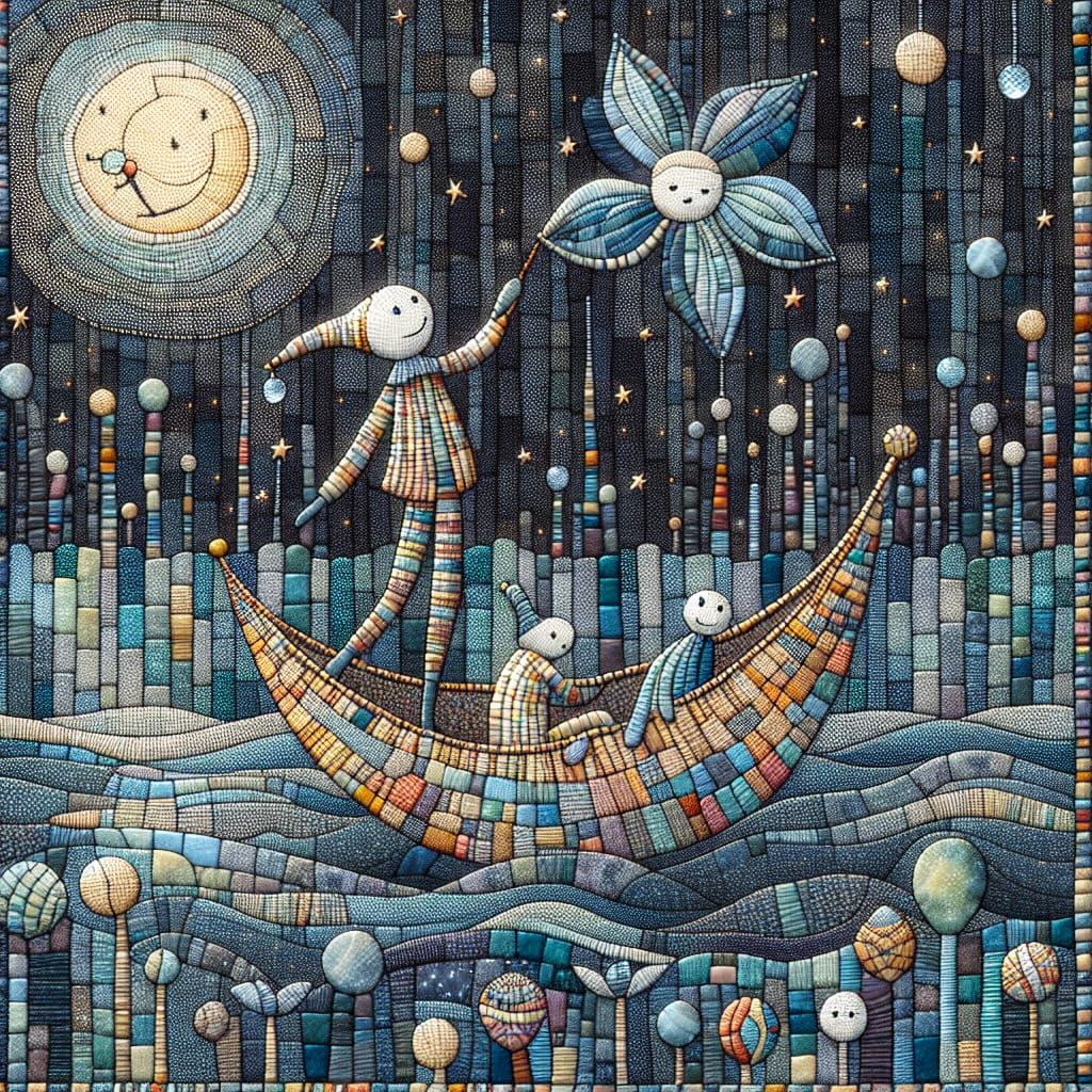 Dewdrop Rider in Moonlit Ocean: Textile Art