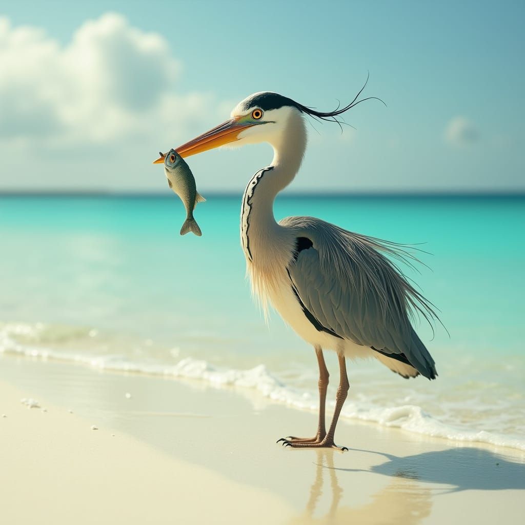 Heron on Maldives Beach with Fish
