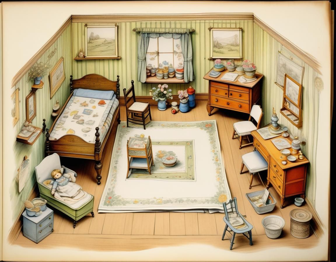Vintage Doll's Room Illustration in Children's Book Style