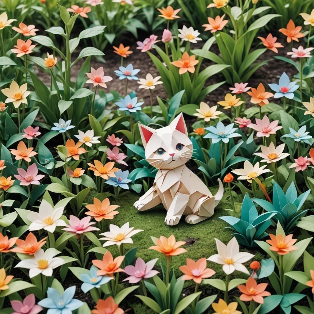 Kitten in Garden Origami Papercraft