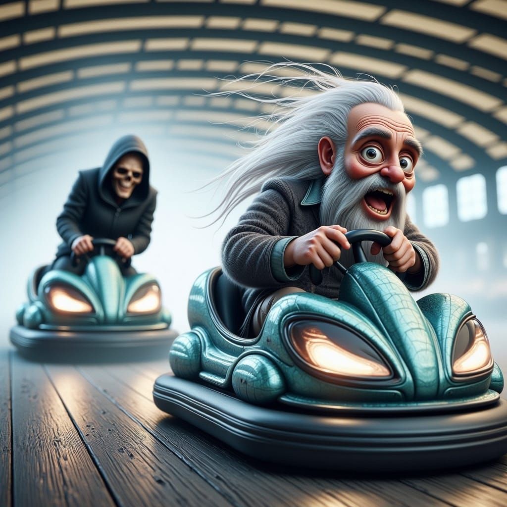 Bumper Car Chase Through Fog, Hyperrealistic Style