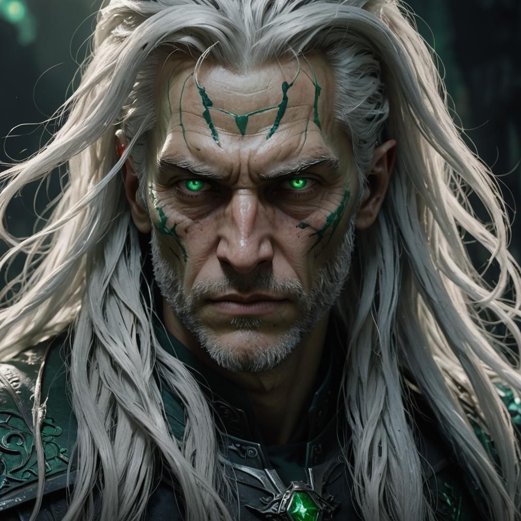 Menacing Emerald-Eyed Man in Dark Fantasy Style