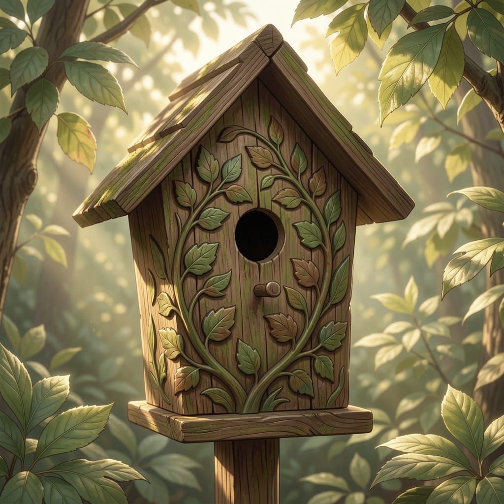 Intricate Wooden Birdhouse in Dappled Sunlight