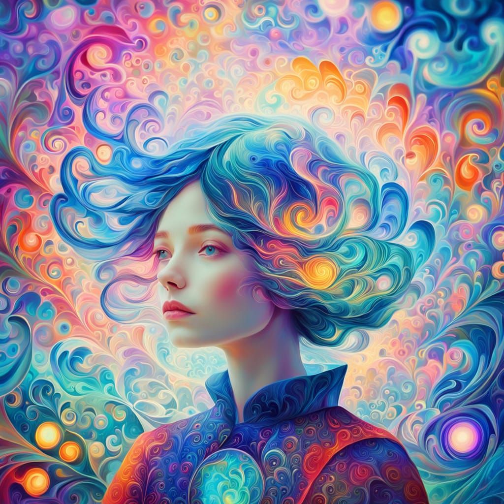 Surreal Woman in Kaleidoscopic Oil Painting