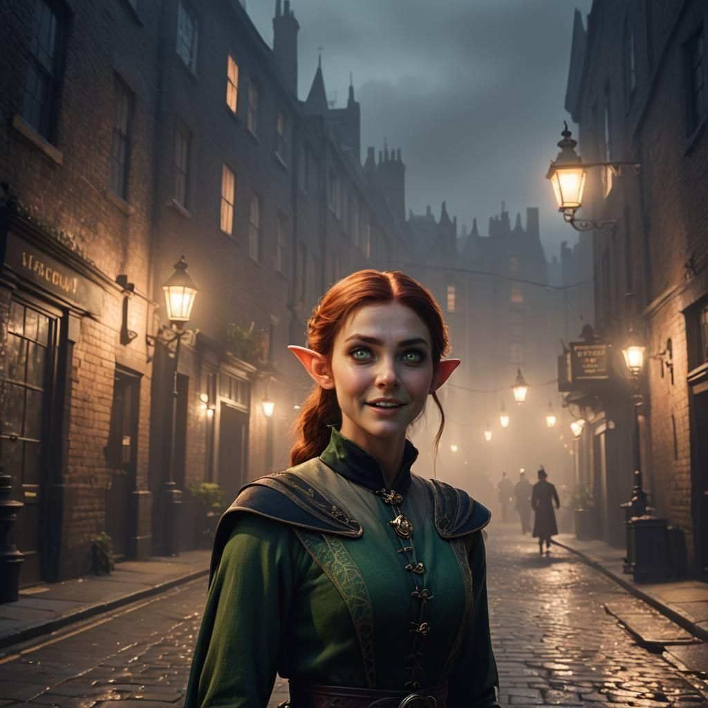 Victorian Elf Woman in London Alley, CGI Art