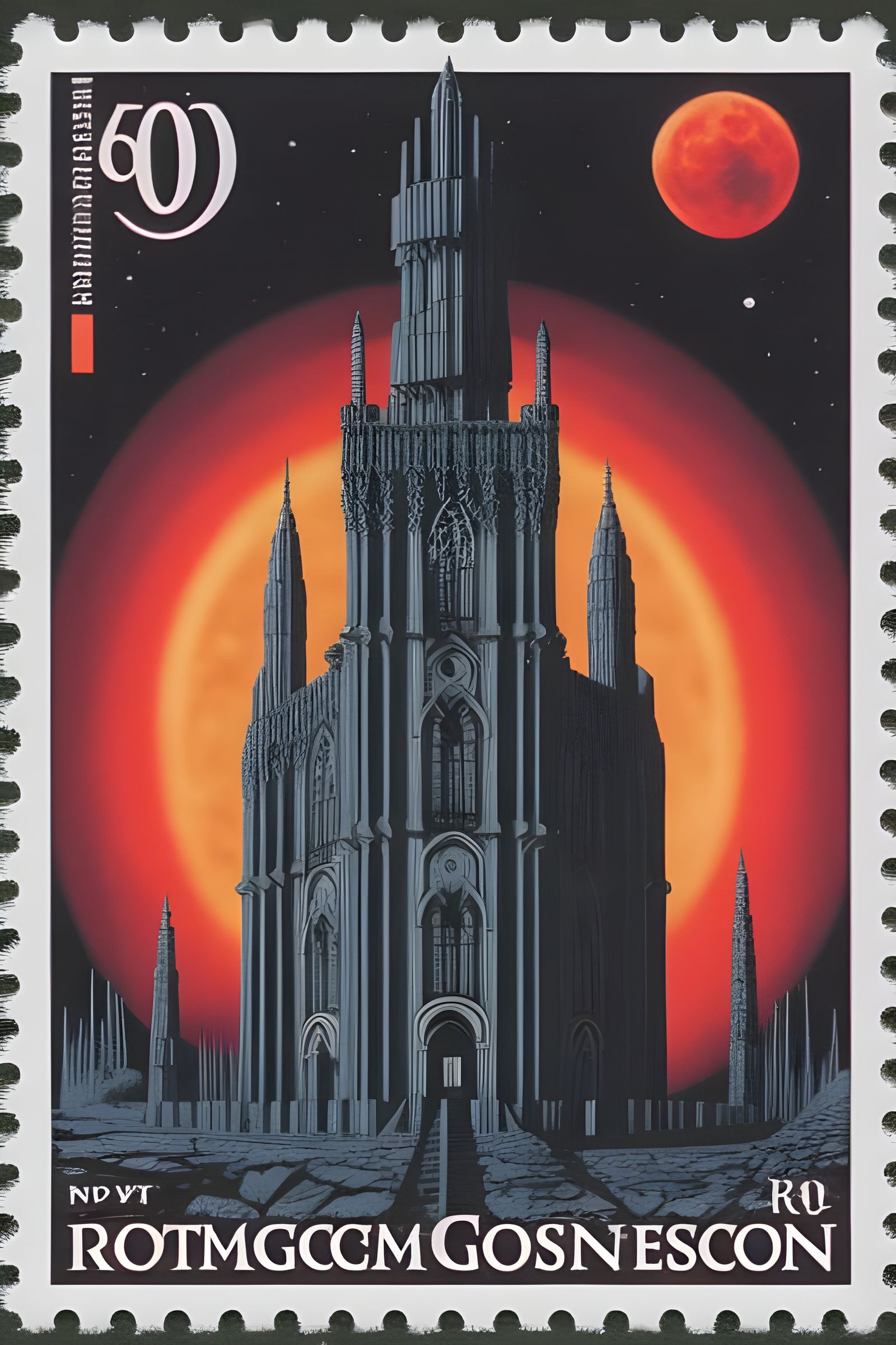 Gothic Bioluminescent Tower on Crimson Moon Stamp