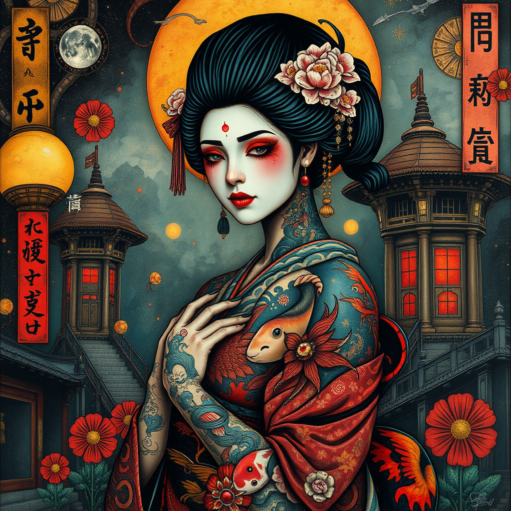 Tattooed Geisha in Surreal Art Deco Temple