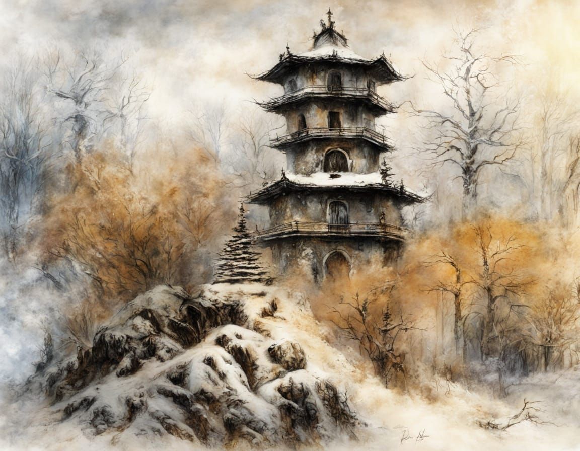 Winter Forest Pagoda in Mixed Media Style