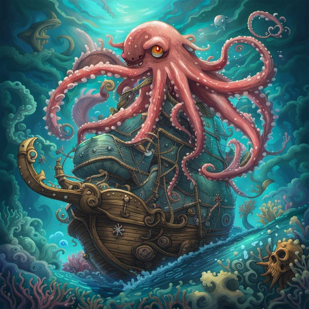 Kraken Tentacruel Drags Pirate Ship Undersea