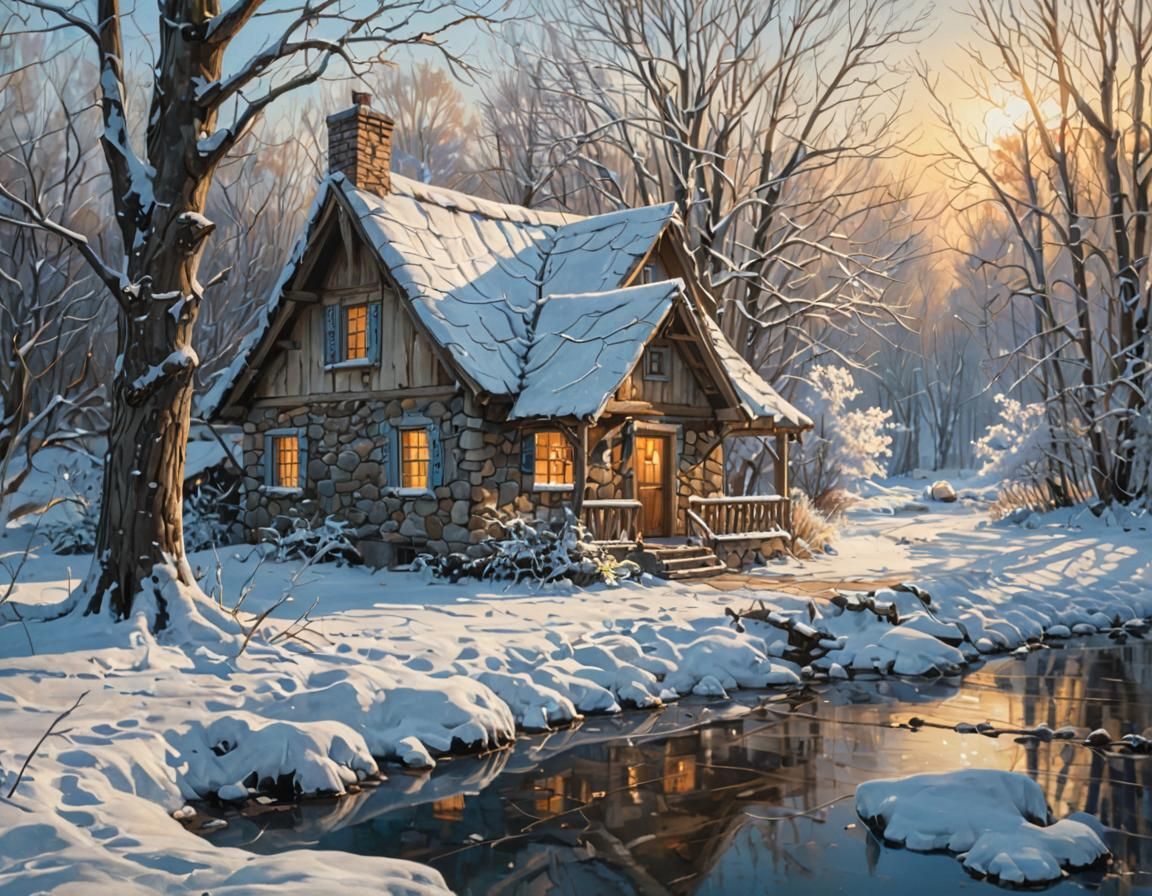 Quaint Winter Cottage: Photorealistic Acrylic Painting