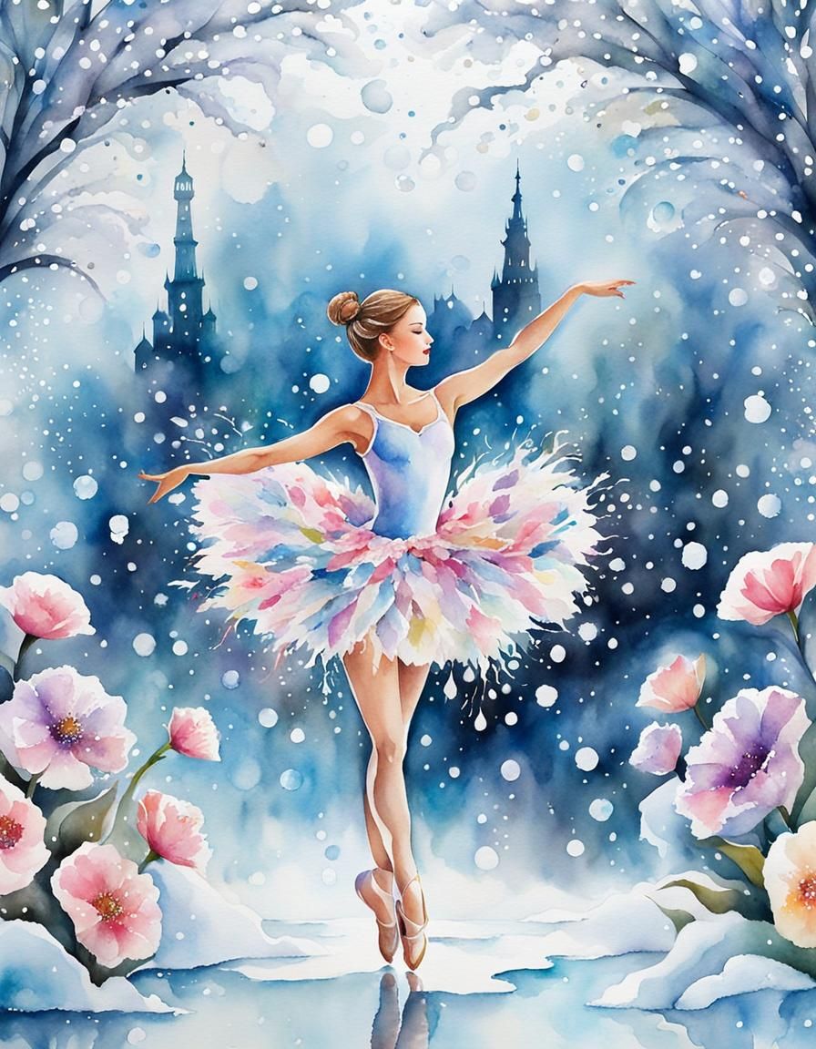Floral Ballerina Dancing in Winter: Watercolour Illustration