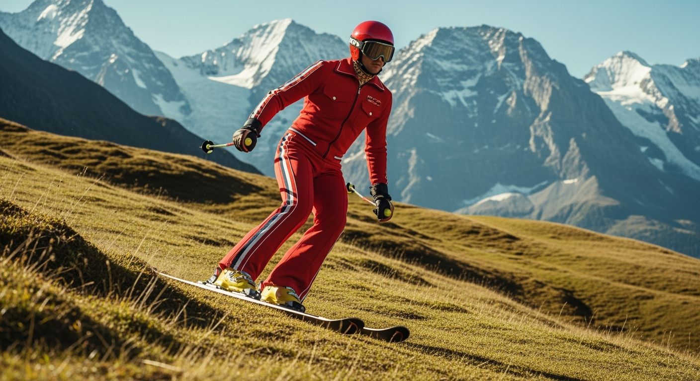 Retro Skier on Grass in the Swiss Alps
