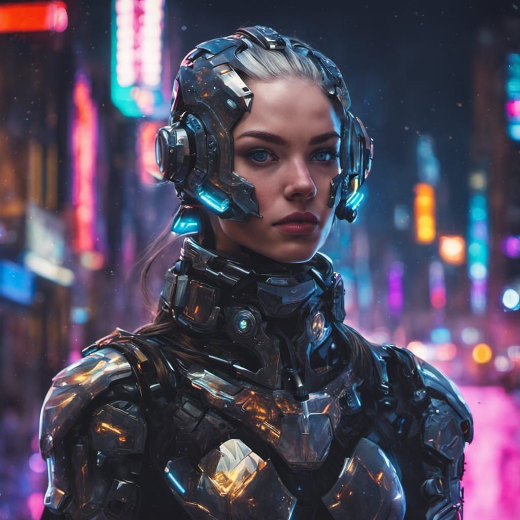 Cyborg Girl Portrait in Neon City, Sinister Style