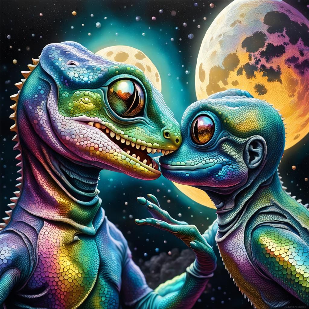 Iridescent Gecko's Lunar Kiss: Graffiti Art Style