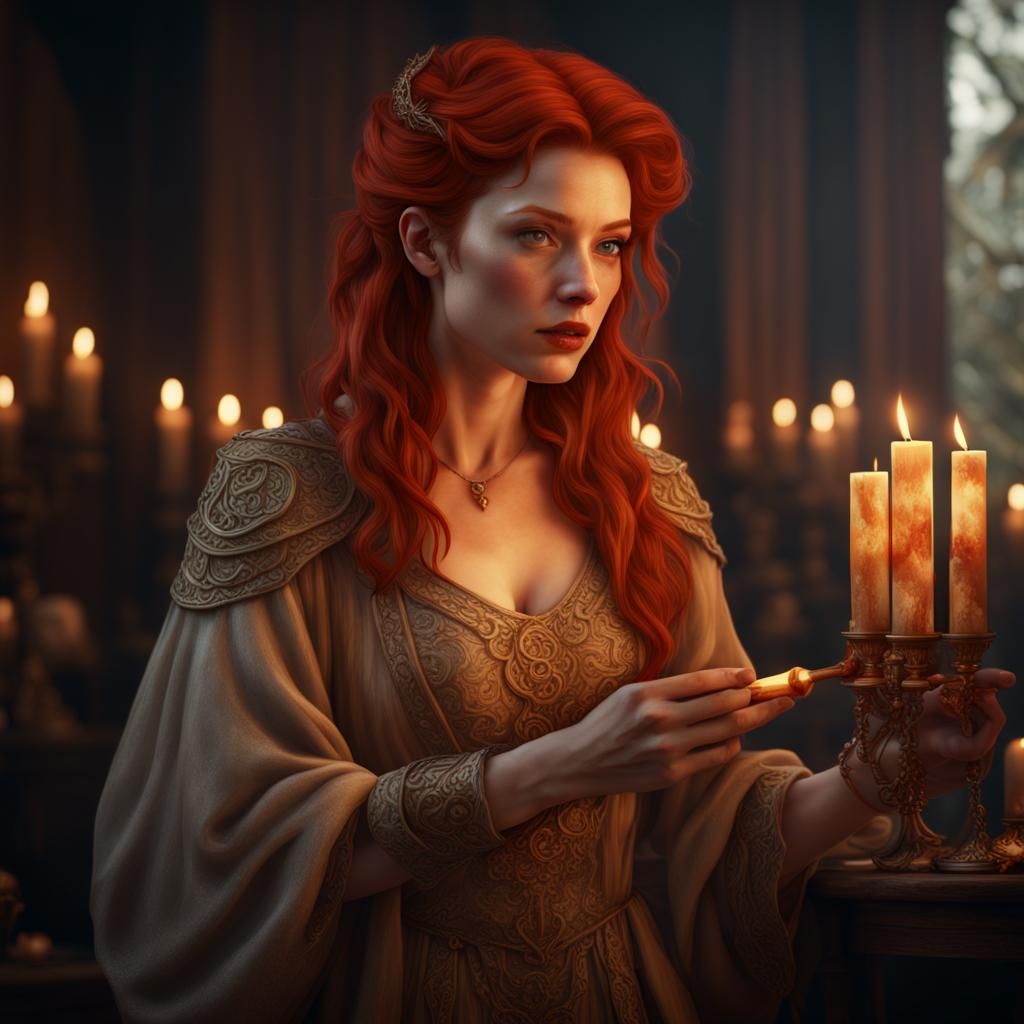 Redheaded Woman in Karagouna Holding Candle
