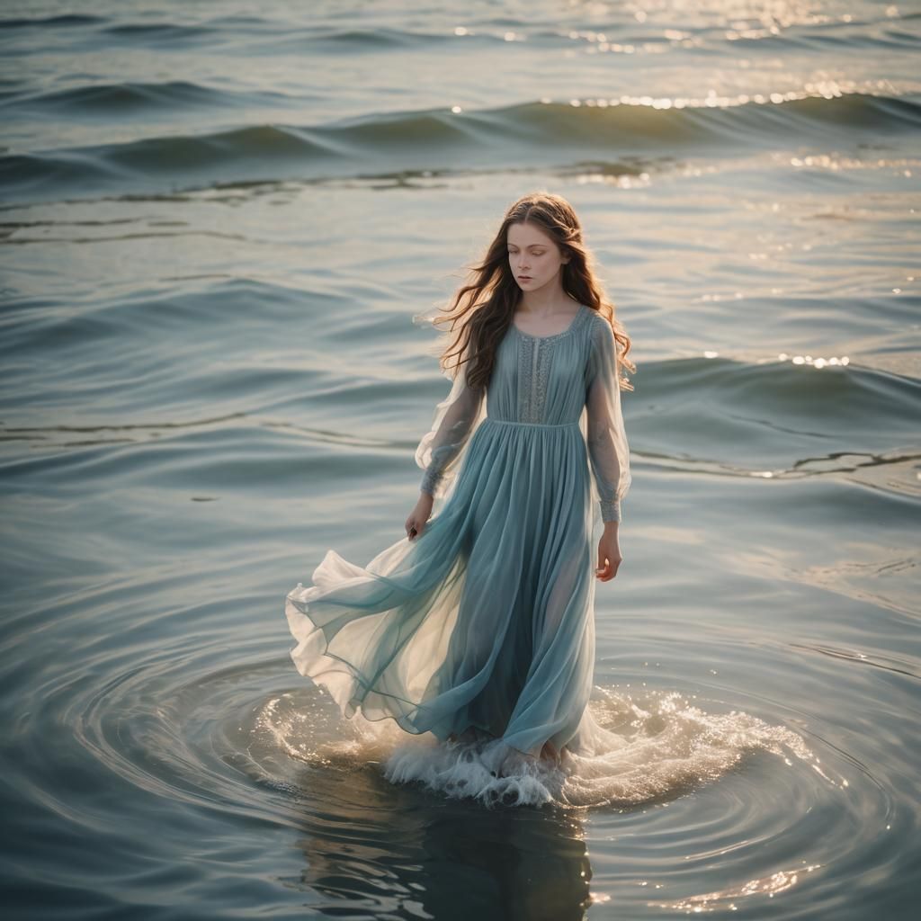 Girl in Ocean Dress Walks on Water in Dreamy Surrealism
