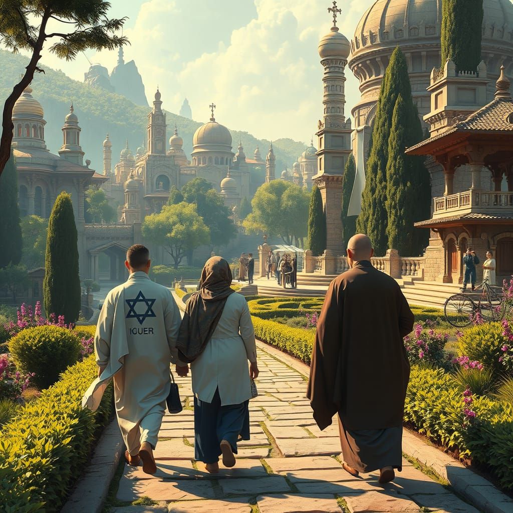 Harmonious Cityscape with Jewish-Buddhist Fusion Architectur...