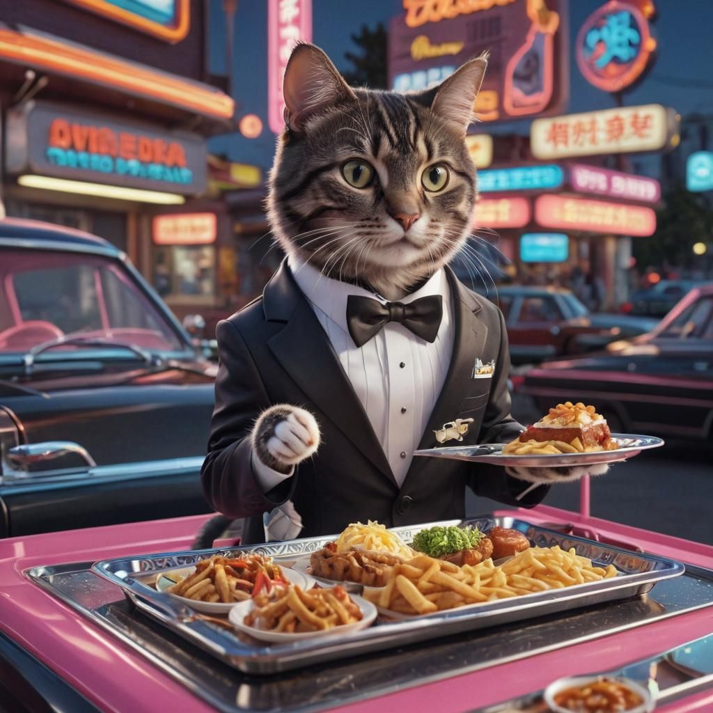 Tuxedo Cat Carhop at 70s Drive-In: 3D Anime Art