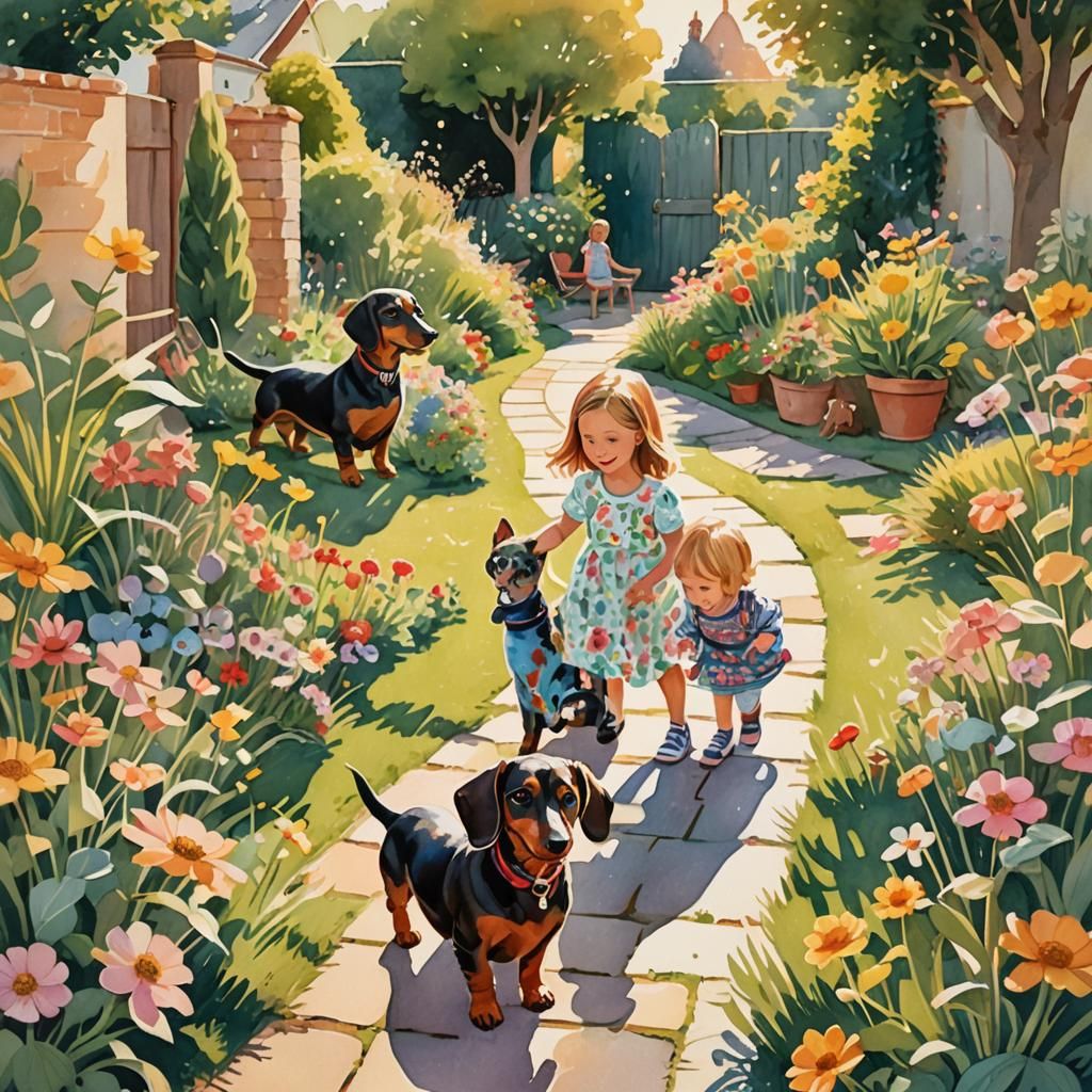 Whimsical Garden Scene with Dachshund, Cat, and Children