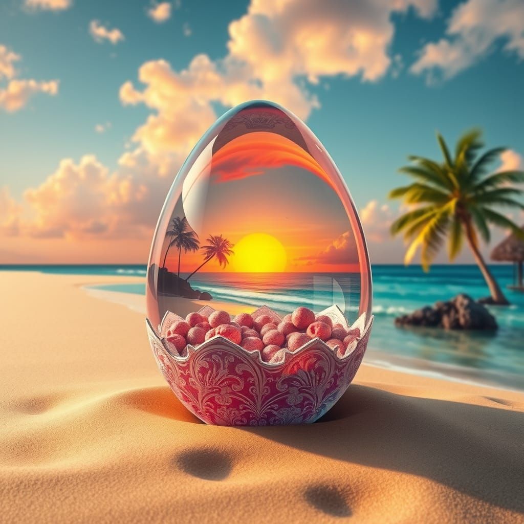 Crystal Egg Reveals Tropical Paradise: Surrealist Fantasy
