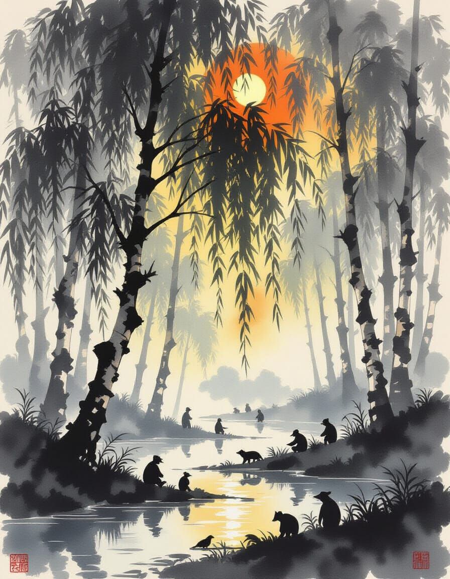 Willow Spirit: Forest Scene in Ink Wash Style