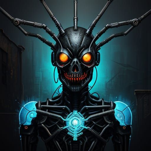 Surrealistic Robot Clings to Dystopian Wall in Neon-Lit Graf...