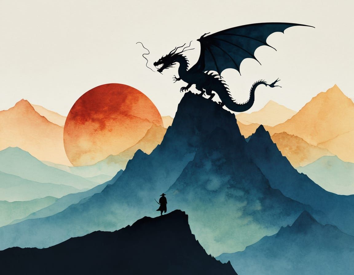 Dragon Silhouette Fantasy Art in Ink and Watercolour