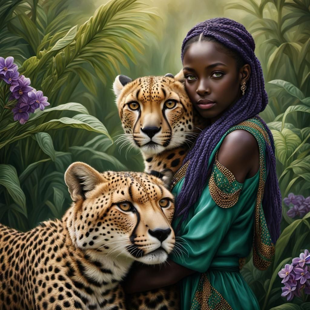 Girl with Cheetahs: Colorful Fantasy Art