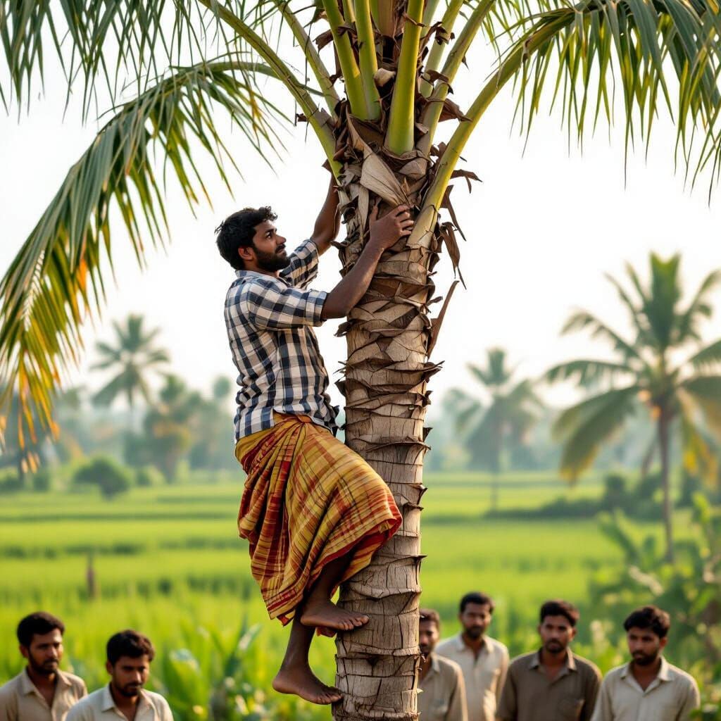 Bangladeshi Man Climbs Date Palm Tree in Sunny Village