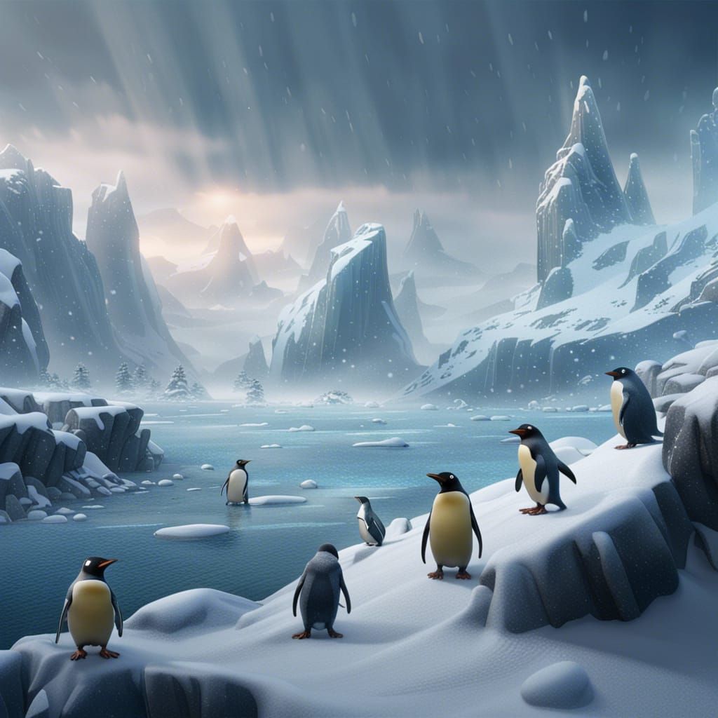 Penguins and Seals in Snowy Blizzard Landscape