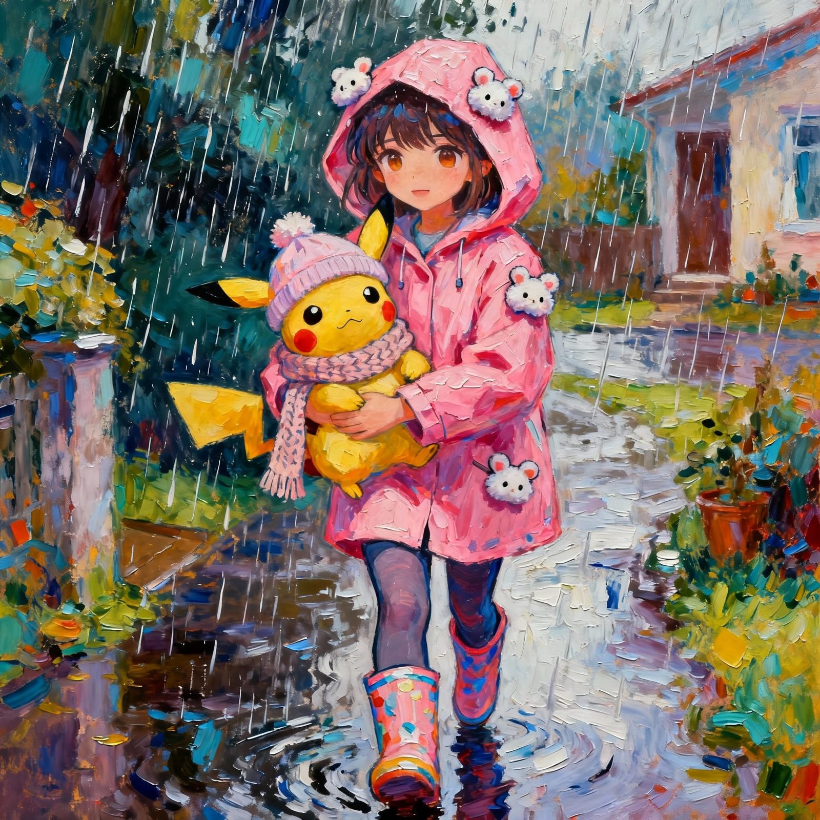 Anime Girl and Pikachu Walking Home in Rain