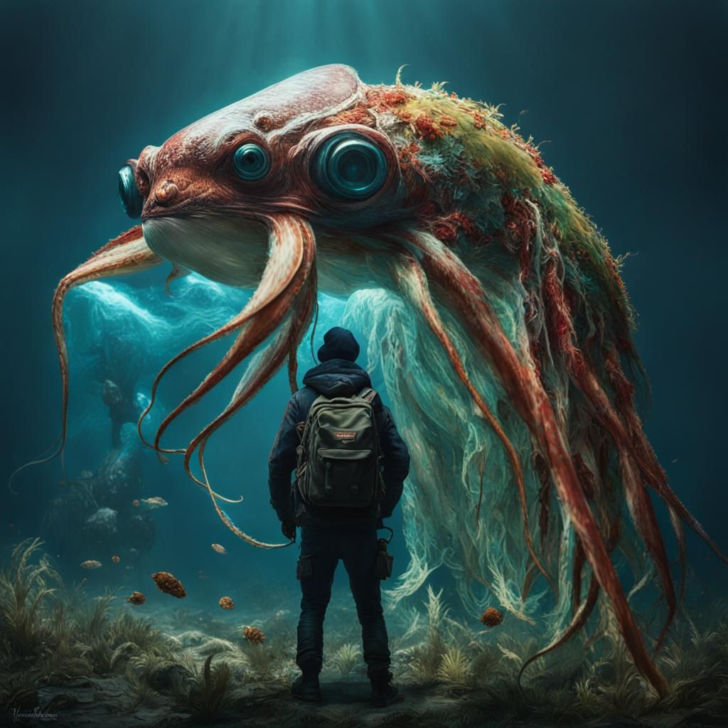 Giant Squid's Teddy Bear: Hyperrealistic Digital Art