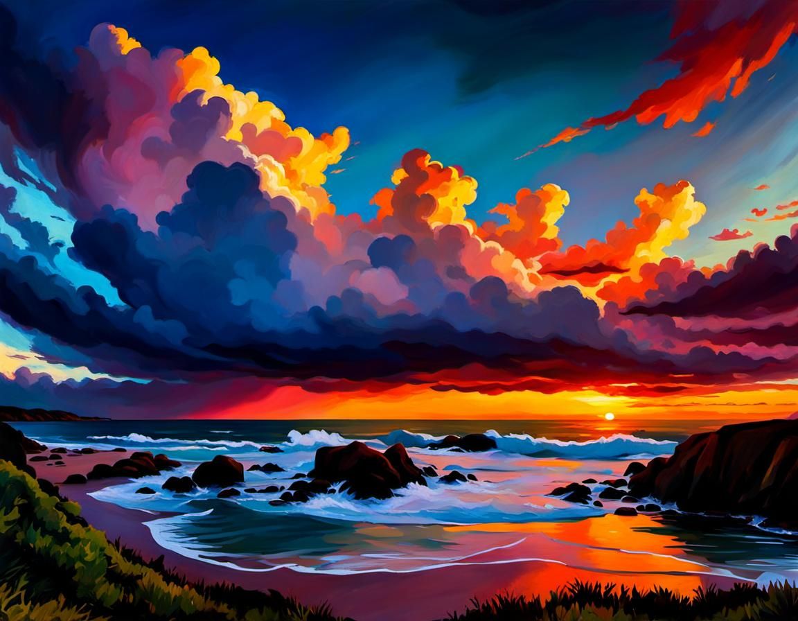Painterly Sunset Over the Coast with Clouds