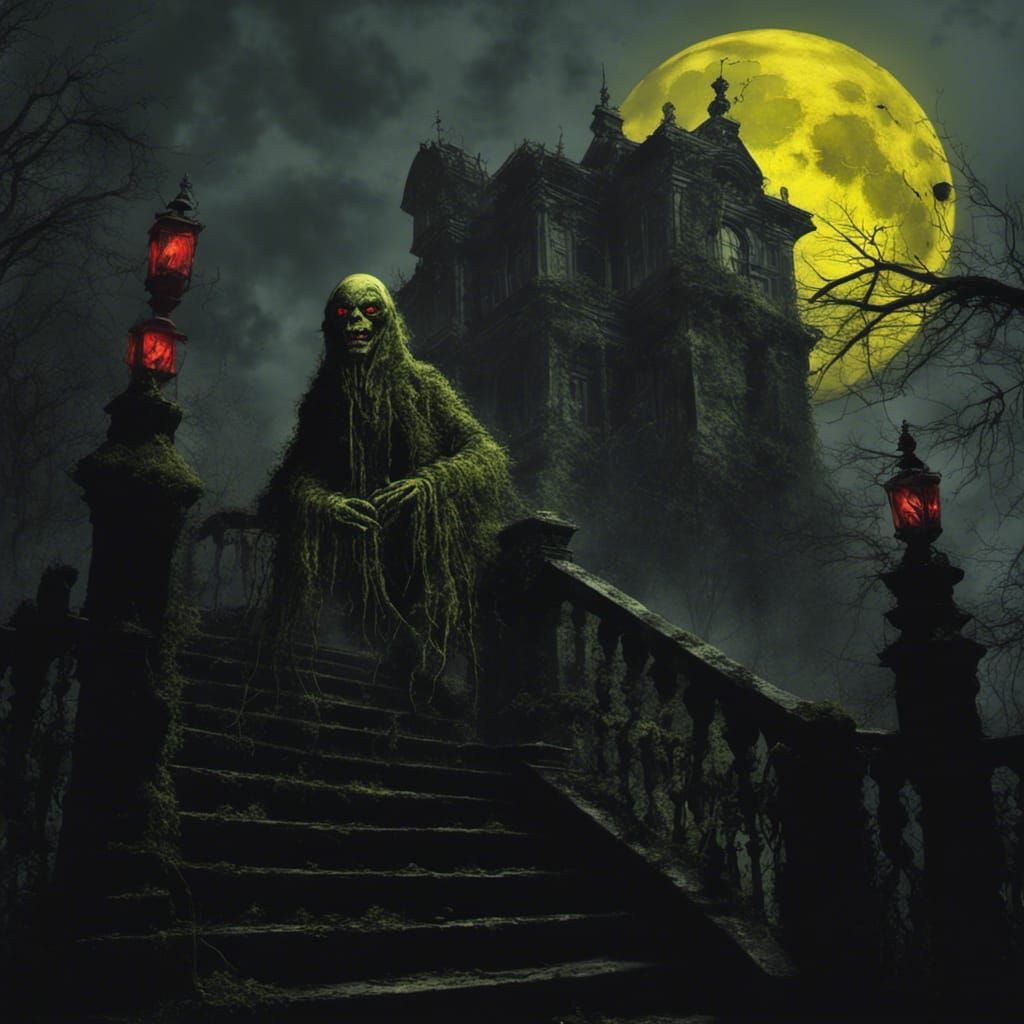 Terrifying Ghoul in Haunted Mansion, Horror Illustration