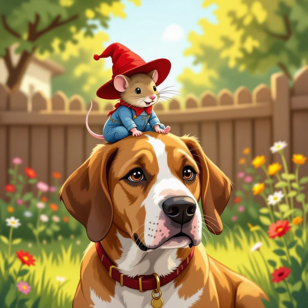 Mouse in Red Hat on Great Dane, Whimsical Backyard