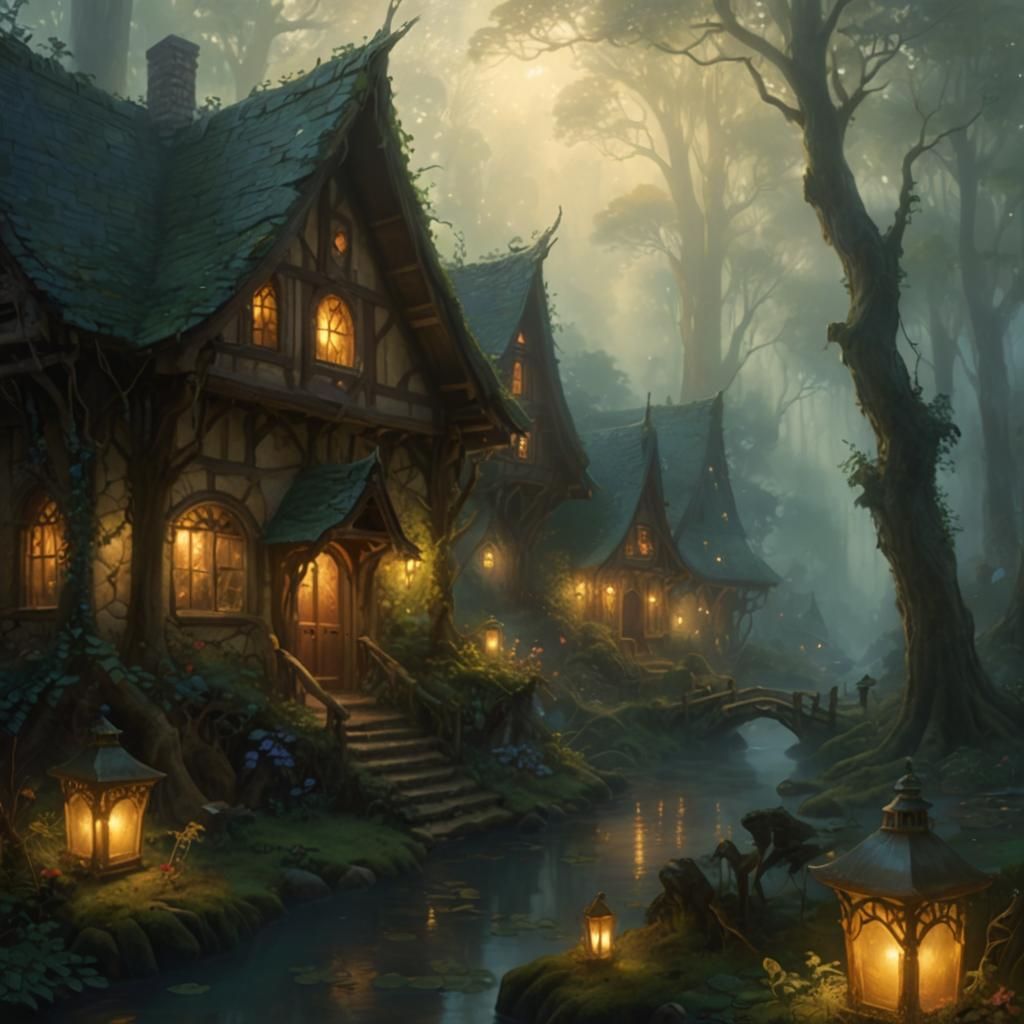 Misty Elven Village at Dawn in Dreamy Realism