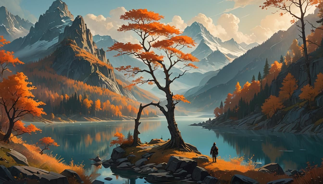 Autumn Lake Landscape in Mucha Style