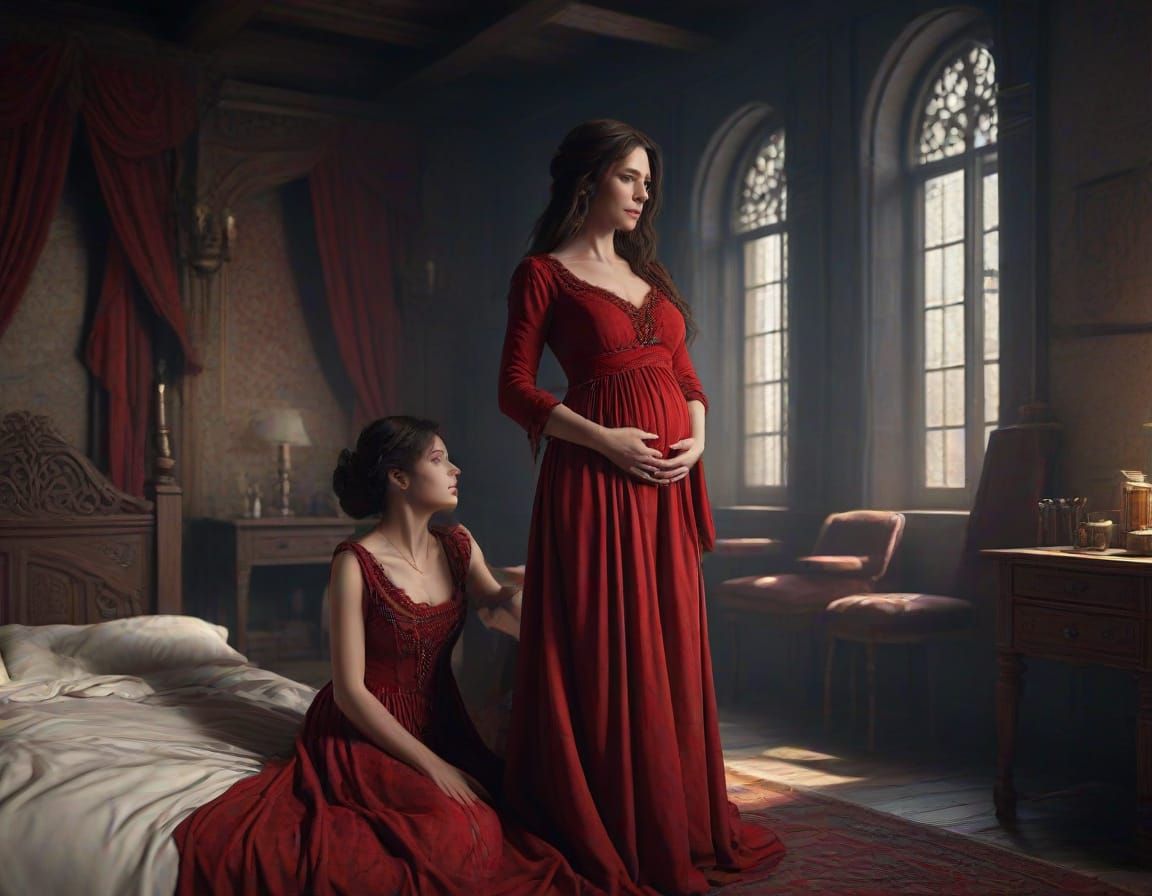 Medieval Pregnant Maiden in Red Velvet Splendor