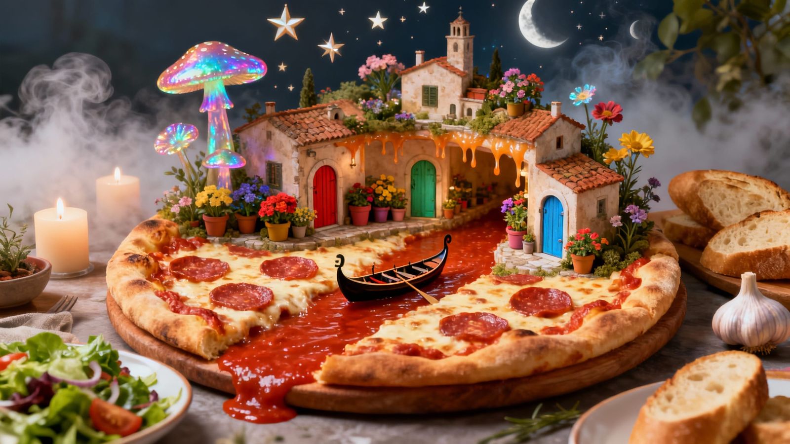 Miniature Italian Village on Pizza, 3D Rendered