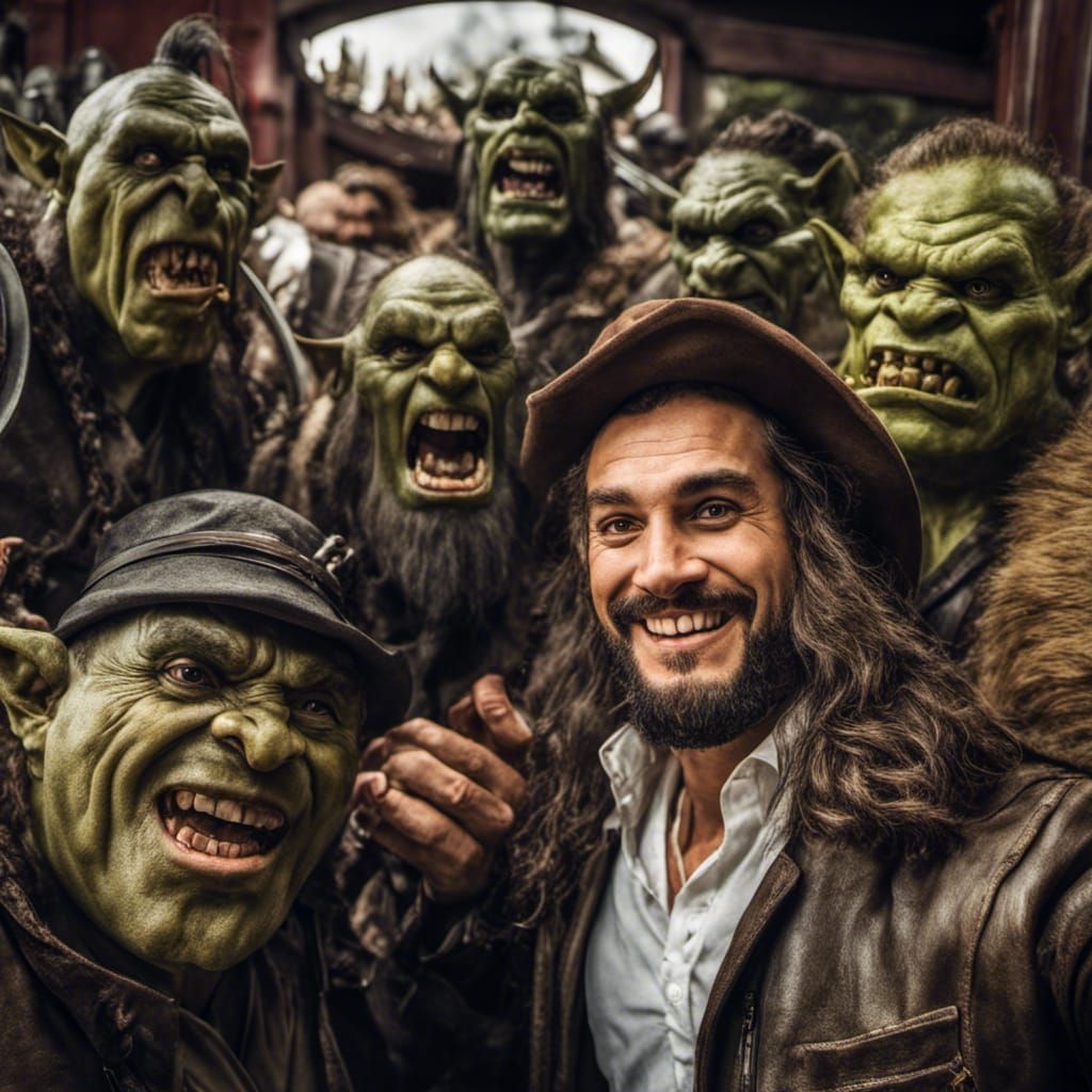 Man's Selfie With Orcs in Hyperrealistic Detail