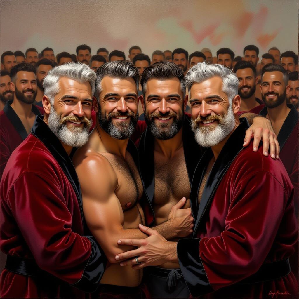 Impressionist Painting of Happy Bearded Men Embracing