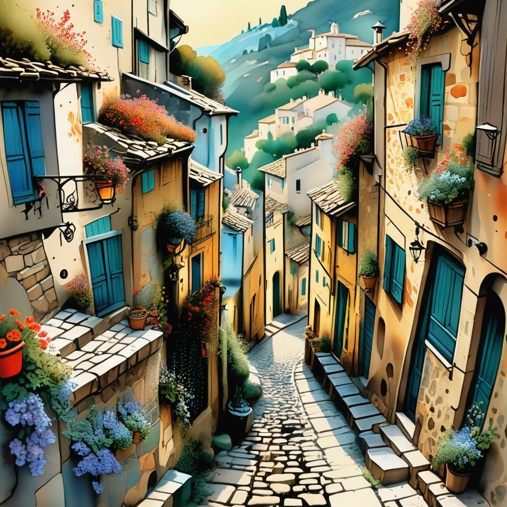 Medieval Cobblestone Street in Provence at Dawn