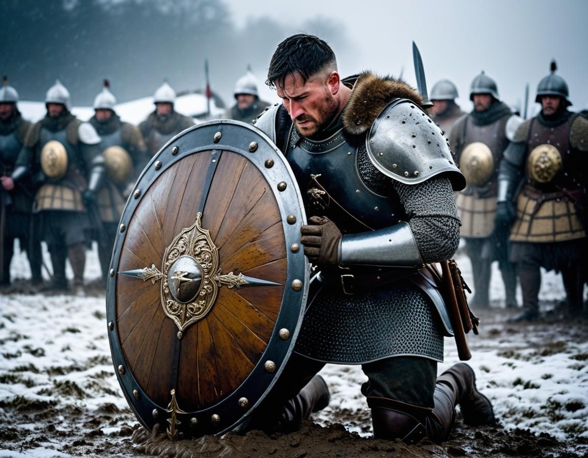 Wounded Soldier with Boar Shield in Snowy Battle