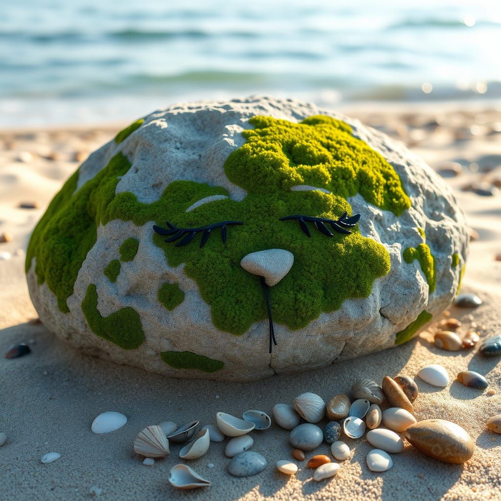 Weathered Rock with Emerald Moss Eyes Contemplating the Ocea...