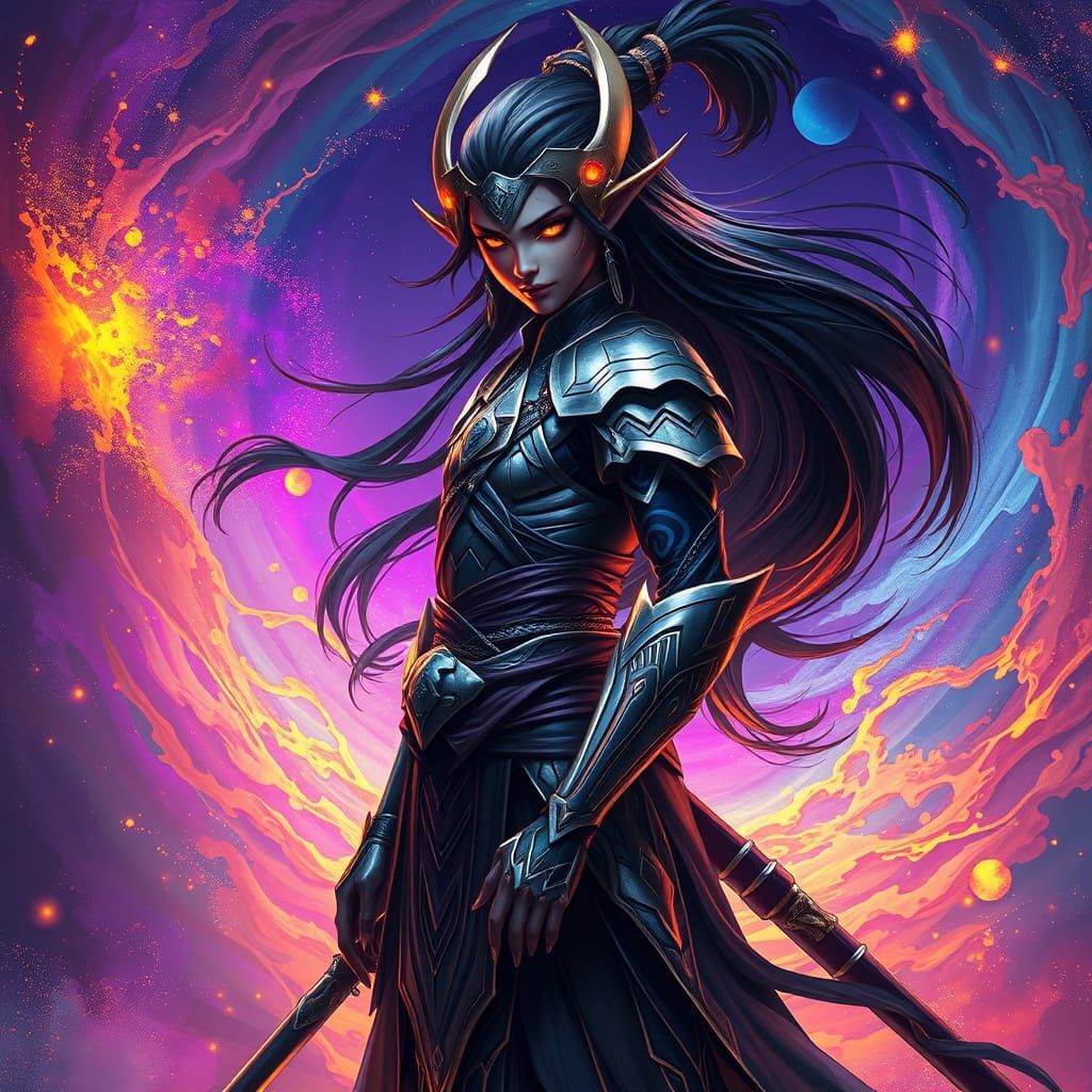 Majestic Drow Elf Samurai in Nebula, Shimmering with Celesti...