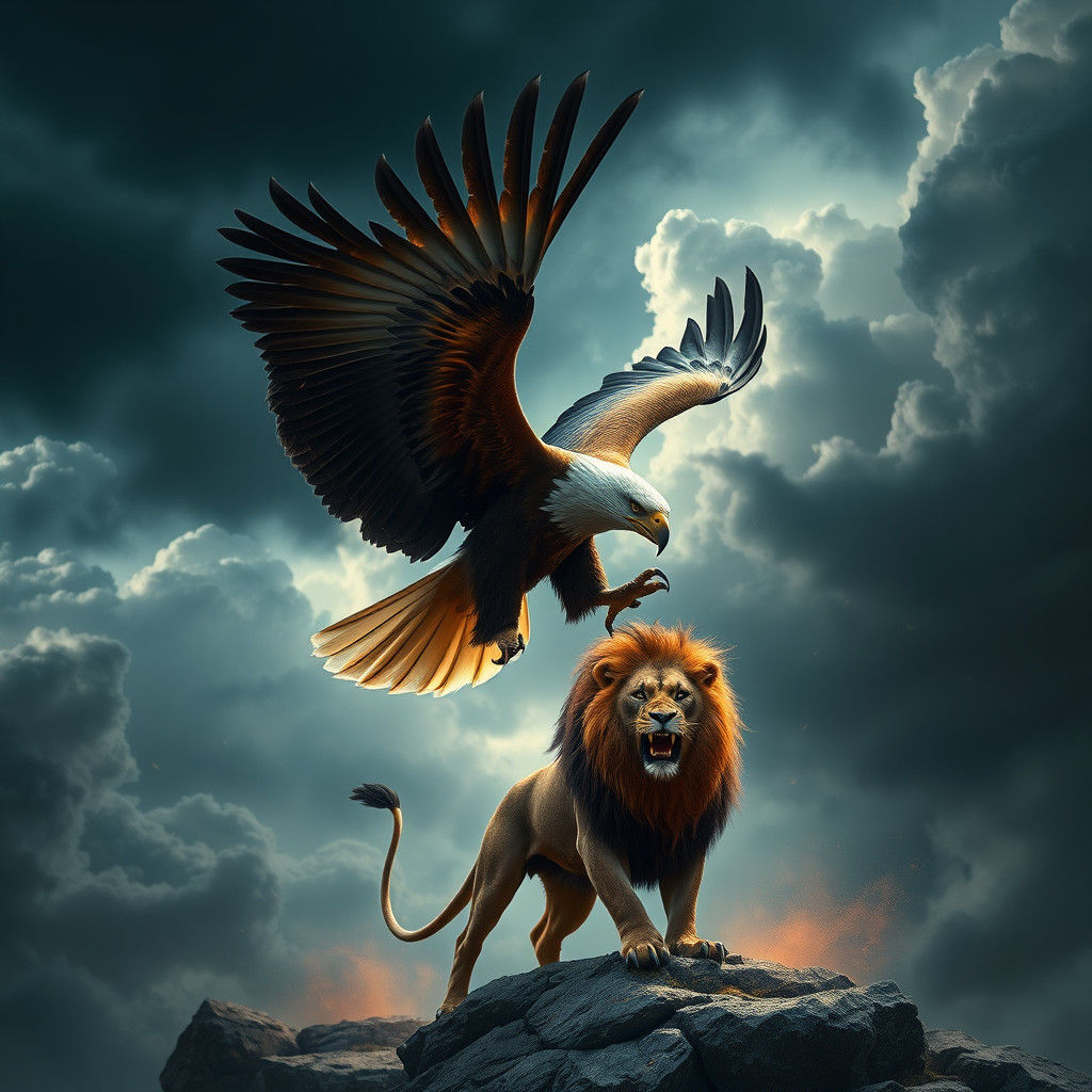 Eagle and Lion Clash in Stormy Sky