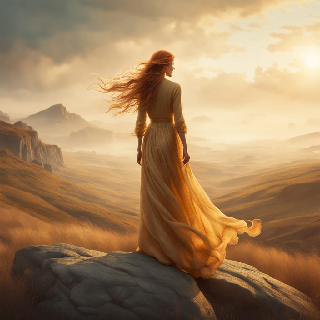 Ethereal Realism: Young Woman Stares at Horizon in Golden Li...