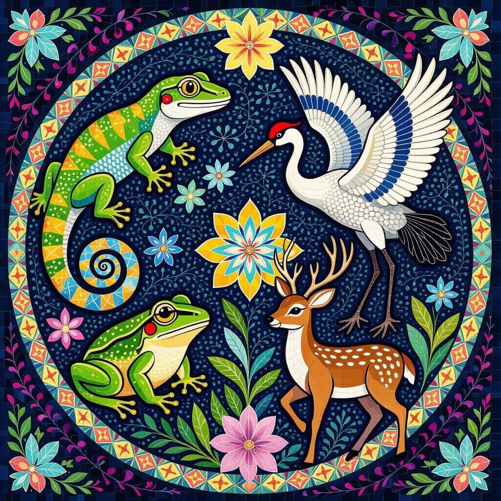 Intricate Animal Mandala with Gecko, Frog, Crane, Deer