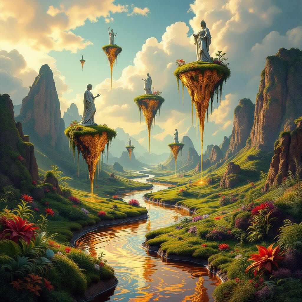 Surreal Landscape with Inverted Gravity and Golden Rivers