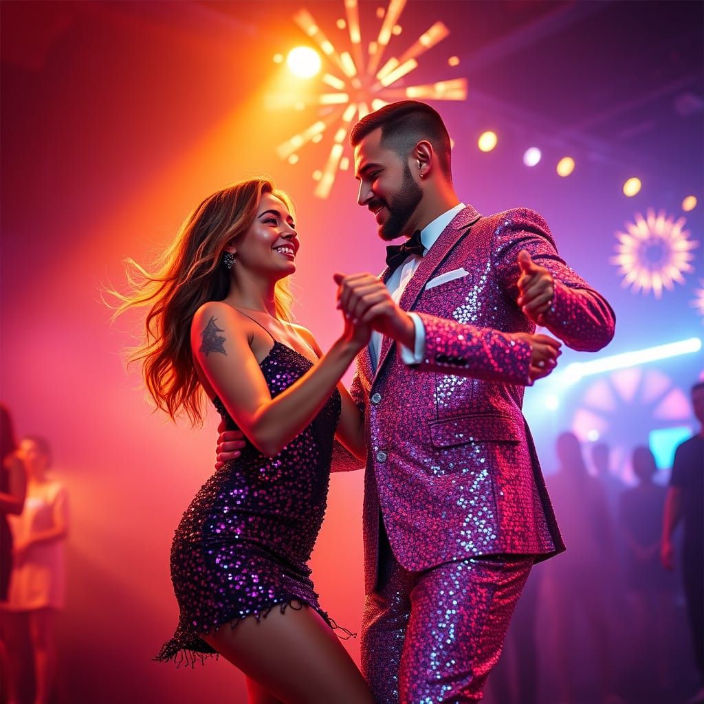 Dancing Couple in Neon Lights: Digital Art